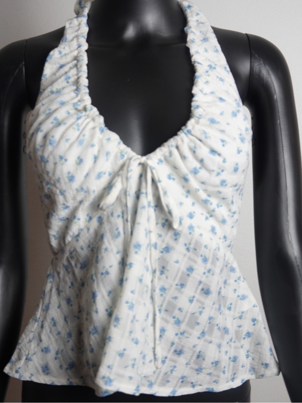 Beverly and Beck - White Floral Halter Crop Top with Blue Print